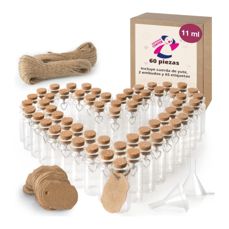 Set de 60 Mini Botellas de Vidrio con Tapón de Corcho 11 ml.