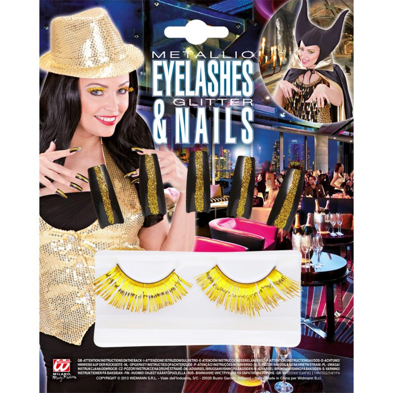 Set Pestañas Metalizadas y 10 Uñas Doradas