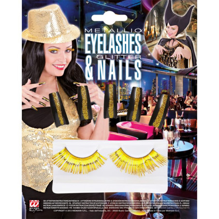 Set Pestañas Metalizadas y 10 Uñas Doradas