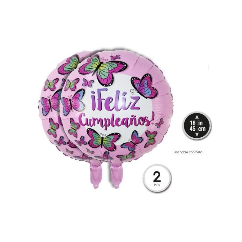 Globo Foil 45cm, Feliz Cumpleaños Mariposa (2 Uds)