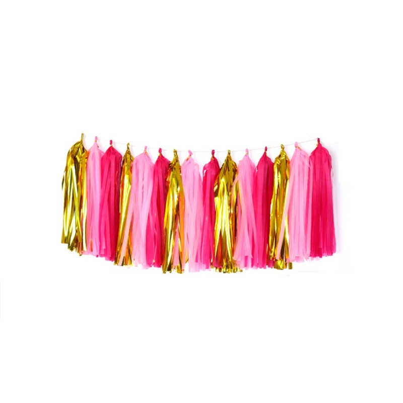 Guirnalda 15 Pompones Oro/Rosa/Fucsia (Cuerda 3m) 