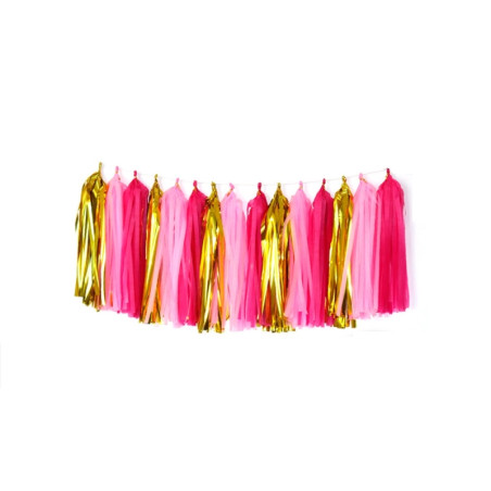 Guirnalda 15 Pompones Oro/Rosa/Fucsia (Cuerda 3m) 