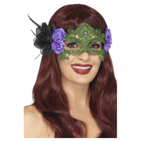 Antifaz Filigrana Encaje Blanco/Verde, con Rosas